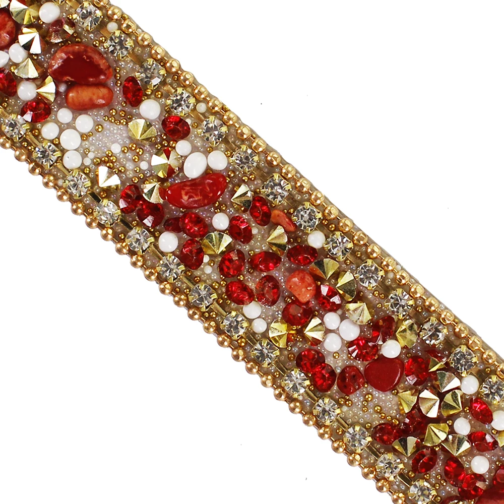 10yards Red Gold Hot fix Rhinestones Trim Chain Crystal Iron on Applique Trimming Stickers for Collars Shoes Edging