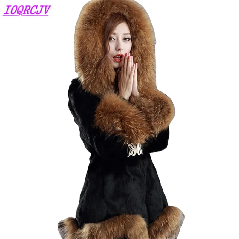 Faux fur jackets women autumn and winter Rabbit hair fur coat Thick Hooded fox fur collar fur coats Female Outerwear