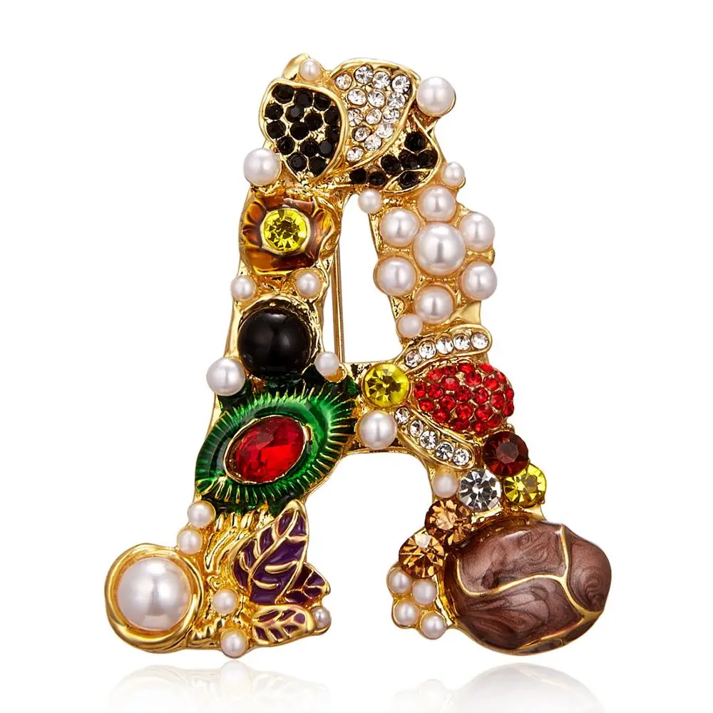 Elegant 26 Letters A D G S Letter Brooches for Women Rhinestone Pearl Enamel Flower Sweater Scarf Suit Brooch Pin Female Jewelry