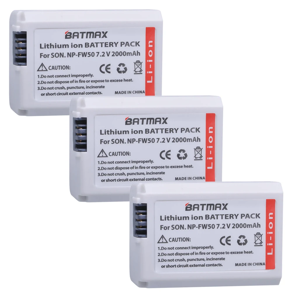 Batmax 3Pcs 7.2V 2000mAh NP-FW50 NP FW50 Camera Battery for Sony Alpha 7 a7 7R a7R 7S a7S a3000 a5000 a6000 NEX-5N 5C