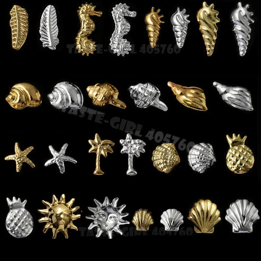 500PCS 3D Silver Gold Ocean Marine Life Seashell Starfish Snail hippocampi Feather Metal Stud Nail Art Rivet Manicure Decoration