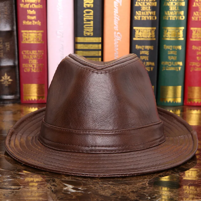 Male 100% Genuine Leather Jazz Hat Adult Fedoras Hat Male Sheepskin Fedoras Cap Men\'s Wide Brim Leather Cowboy Hat B-7284