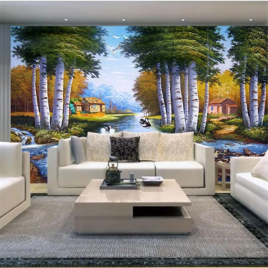 Custom wallpaper 3d mural fantasy forest swan creek landscape oil painting background wall papers home decor 3d papel de parede