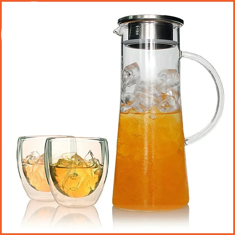 1800ML Glass Kettle Two-way Outlet Water Jug Stainless Steel Strainer Juice Flower Tea Pot Jug Heat Resistant Transparent Kettle