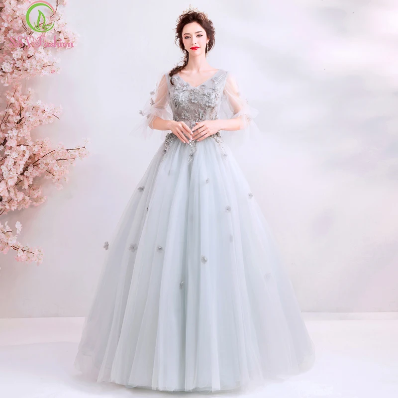 

SSYFashion New Lace Evening Dress V-neck Floor-length Half Sleeves Lllusion Banquet Elegant Prom Formal Gowns Robe De Soiree