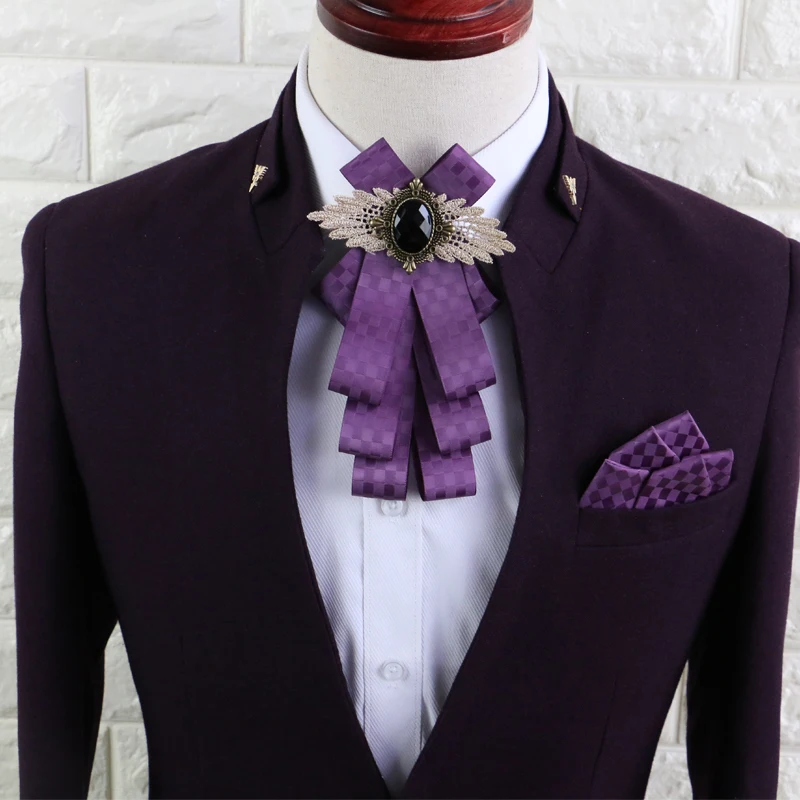 New Female Male casual men's fashion England Multi-storey collar dress business wedding groom bow tie Pocket towel 2 piece set