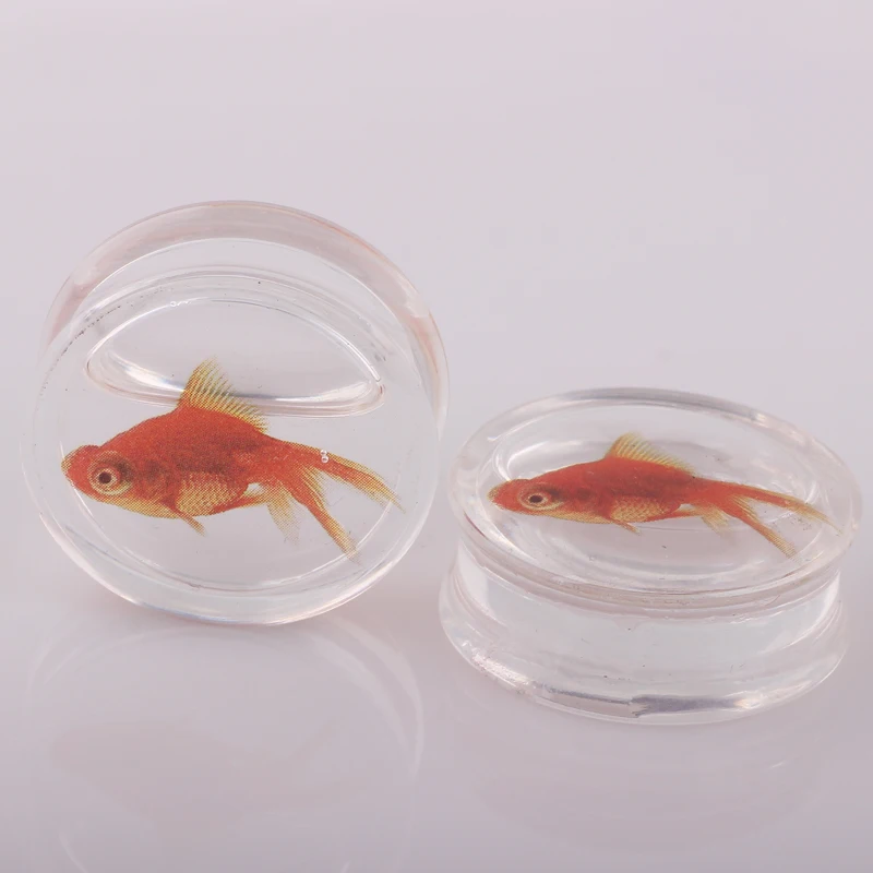 CLEAR ACRYLIC GOLDFISH FLESH PLUG TRANSPARENT SADDLE EAR TUNNEL LOBE STRETCHER 1 pair body jewelry piercing ear tunnel