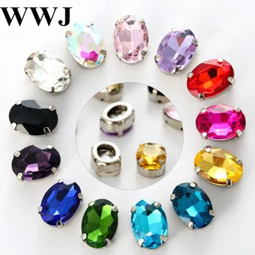 

High quality 10x14mm,13x18mm Oavl Shape Glass Stone in Hard strong Open Back Claw Setting With 4Holes for sewing