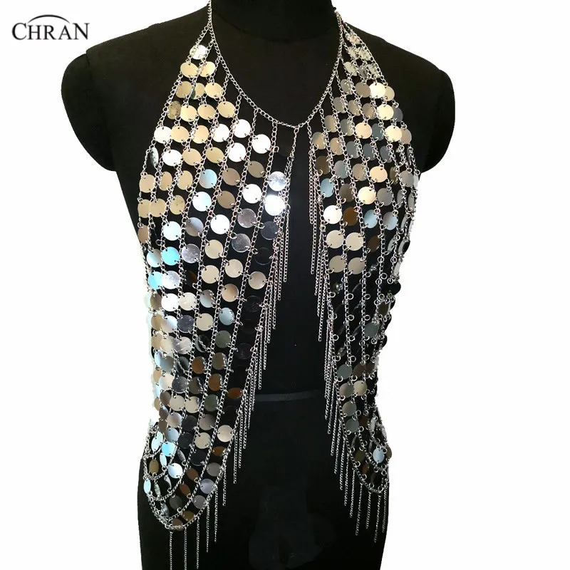 Chran Beach Women Scale Breast Chain Crop Top Sparkly Mirror Sequins Tank Bra Halter Necklace Nightclub Party Gems Vest Jewelry