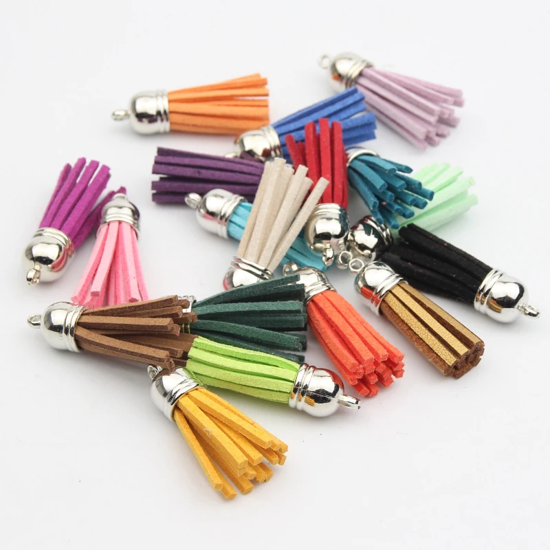 10pcs/lot silver plated plated Color Cap 38mm(1.49in) Leather Tassel for Keychain DIY Decoration Purl Bag borlas de colores