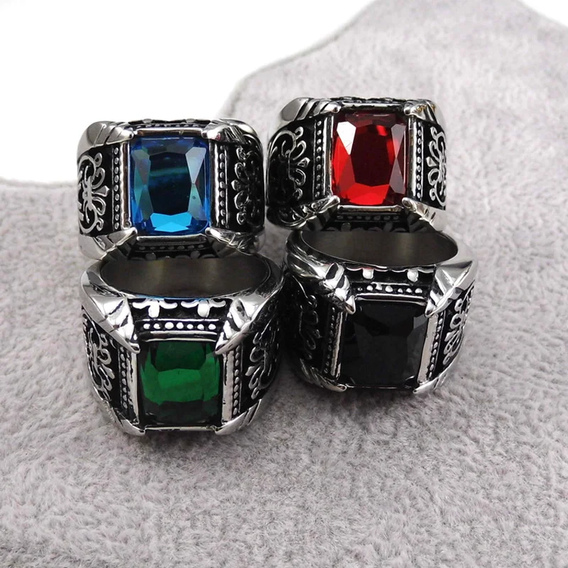 Brand Jewelry Vintage Antique Gold Color Crystal Ring For Men Stainless Steel Big Square Stone Finger Ring Male Men Jewelry