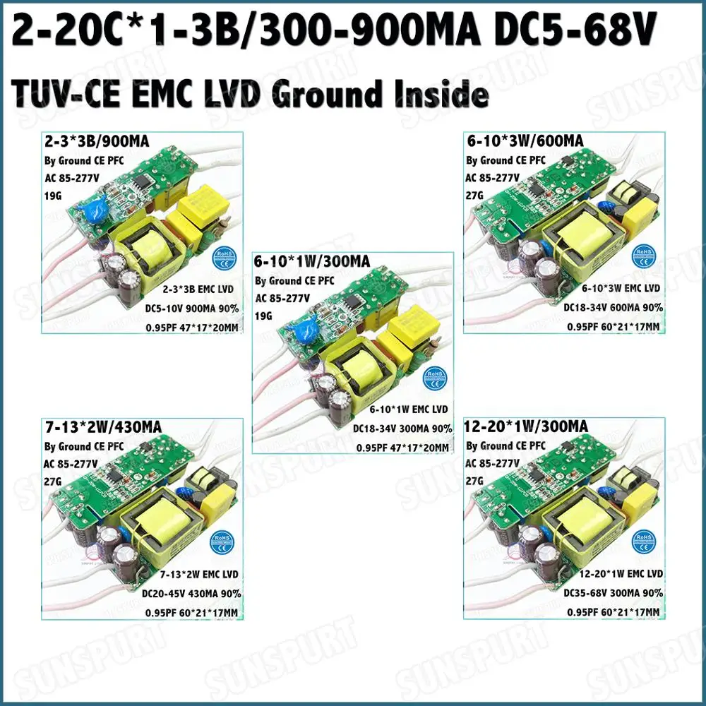 5-20Pieces TUV-CE Ground PFC Inside 5-20W AC85-277V LED Driver 2-20Cx1-3B 300-900mA DC5-68V Constant Current For Free Shipping