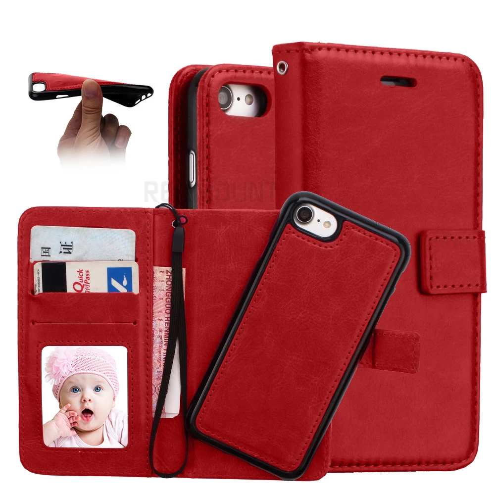 

10 pcs Wholesale New Design Leather Cover for iPhone 8 8 Plus leather case 2 in 1 Removable Card Slot Wallet Magnetic Cover