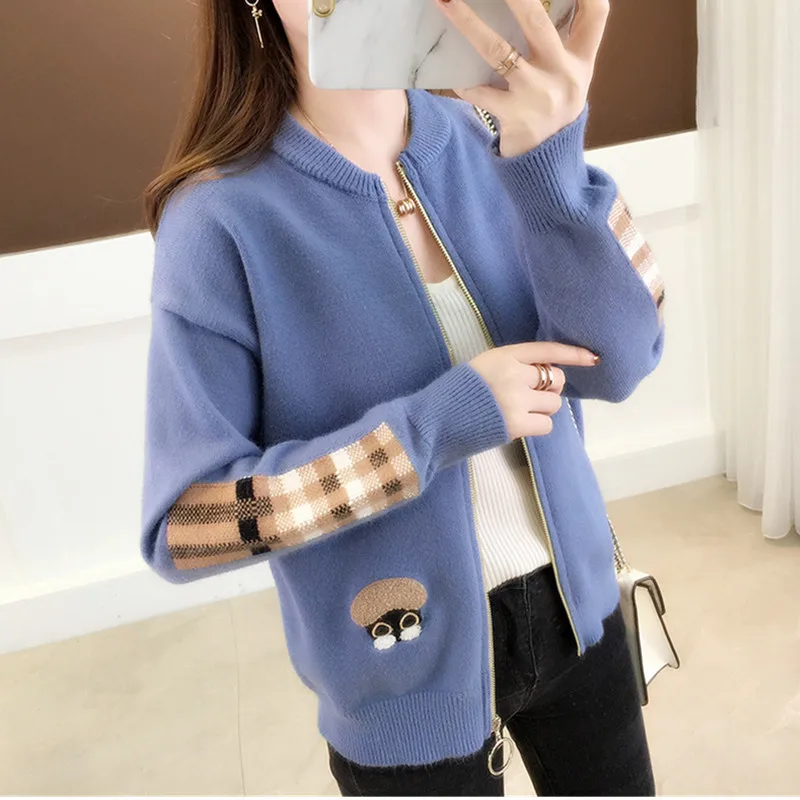 UHYTGF Autumn Winter Knitted Cardigans Coat Women Zipper Knit Sweater Fashion Long Sleeve Cartoon Sweater Beautiful Womans Tops