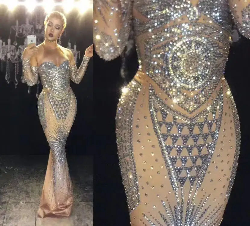 Vestido largo súper brillante con diamantes de imitación, disfraz Sexy de cristales brillantes plateados, vestido de noche para celebración de cumpleaños, traje lujoso