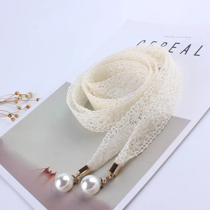women Fashion lace hollow girdle thin pearl belt rope for dresses tassel waistband belt knot decorated narrow ribbon black