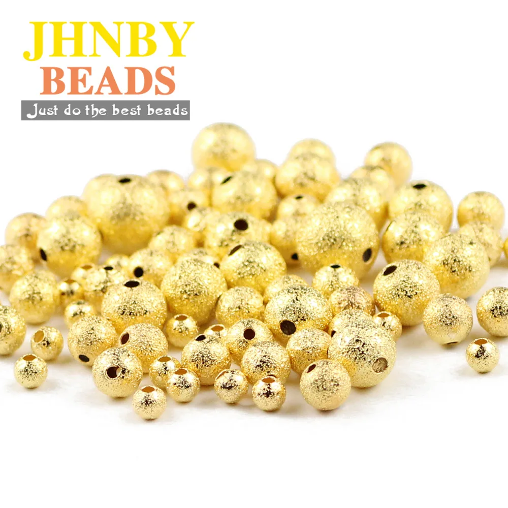 JHNBY Gold Plated Matte Metal bead 3/4/6/8/10MM Charms Round Copper Spacer Loose beads for Jewelry bracelet necklace making DIY