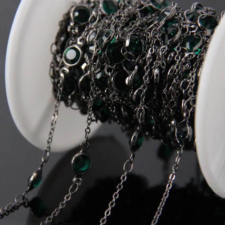 6mm size,Green Glass Flat Coin shape beads Chains,Wire Wrapped Plated Gun black Faceted Round Beads Glass beads Chains