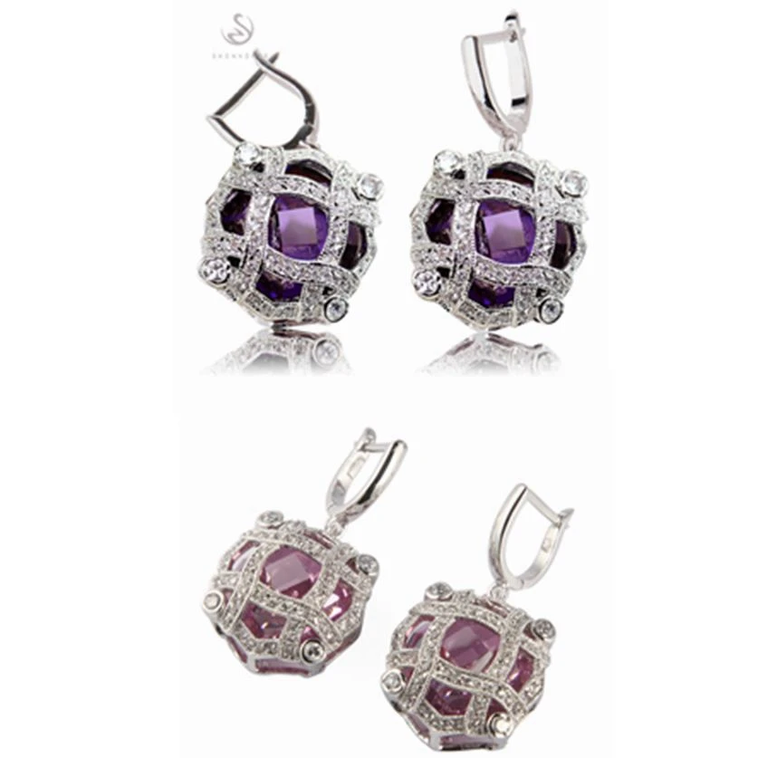 Fleure Esme Engagement Wedding drop earrings jewelry for women gift bohemian Pink Purple Cubic Zirconia Rhodium Plated R515 R518