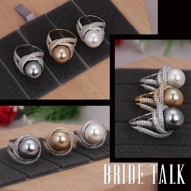 Bride Talk Fashion Brand Women Pearl Ring Cubic Zirconia Twisted Lines Luxury Finger Rings Elegant Jewelry For Wedding Party