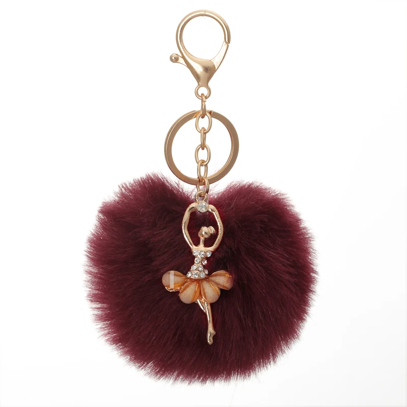 Fashion Dancing Angel Girl Fluffy Pompom Keychains Fake Rabbit Fur Ball KeyChain Women Bag Charms Jewelry Gift Pompom Keychain