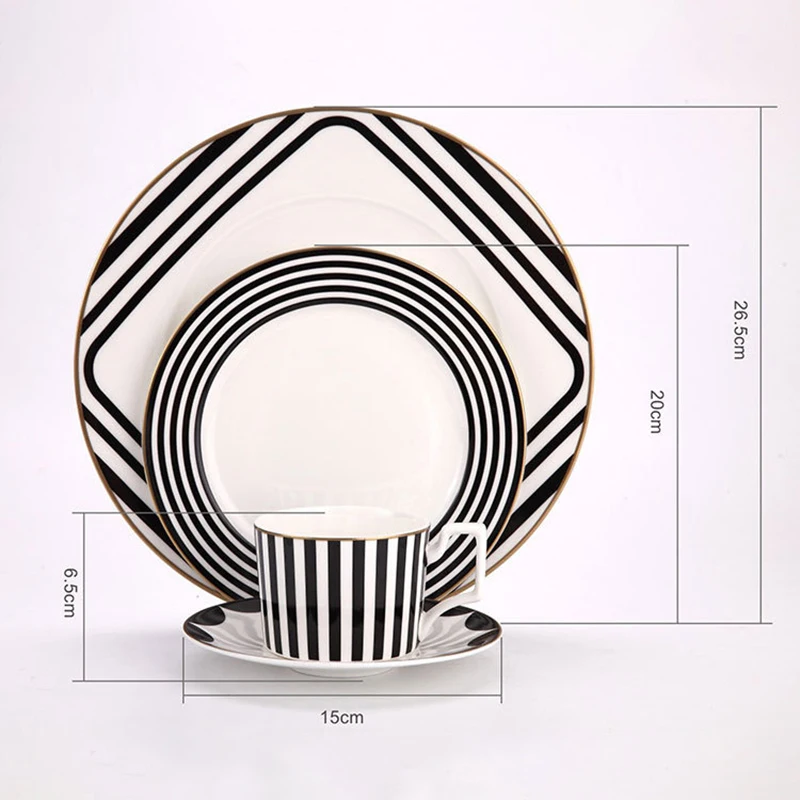 Bone China Tableware Set, Black and White Stripe Design, Flat Steak Plate, Coffee Cup and Dish, Dessert Tray, Golden Drink Ware