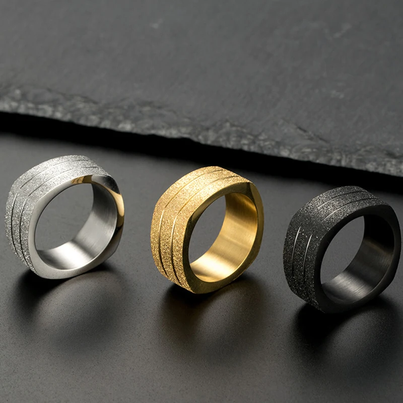 Fashion Black /Gold /Silver Color Rings for Men Sand Blasted Ring Men\'s Square Titanium Steel Ring