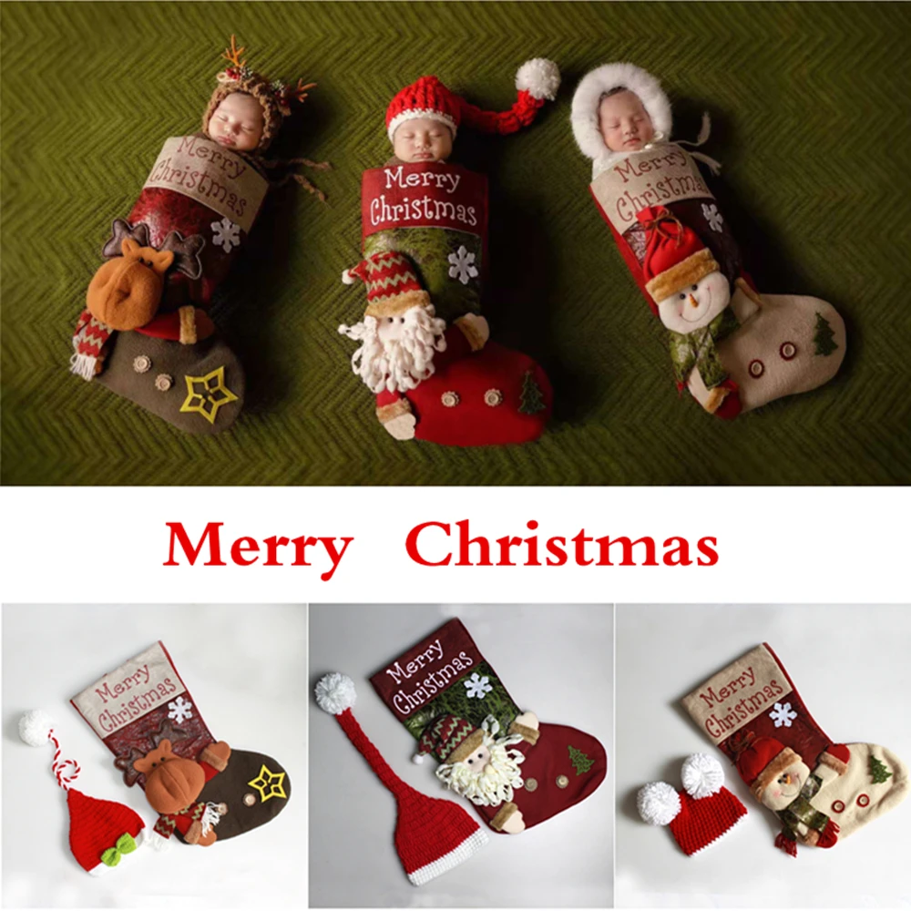 Newborn Photography Props Knitted Christmas Hat+Baby Christmas Socks Sleeping Bag Set Newborn Photo Props Accessories Baby Gifts