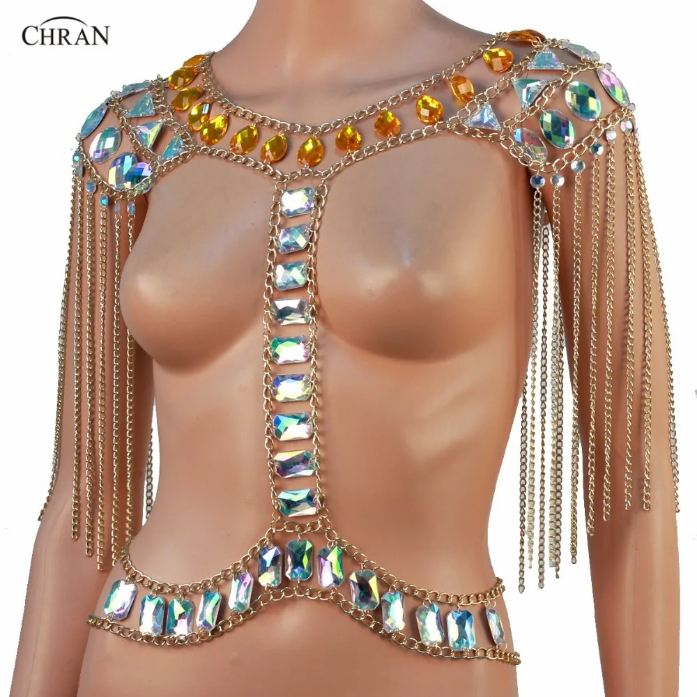 Chran Tassel Statement Crystal Necklaces Women Collar Shoulder Chain Carnival Wear Sexy Belly Chain Body Jewelry Accessories