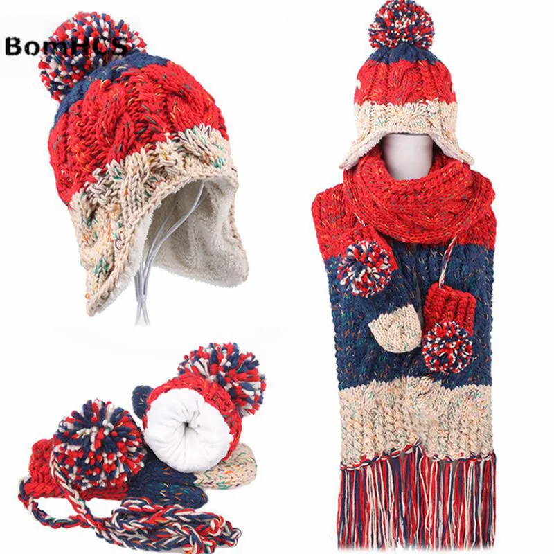 BomHCS 3pcs Suit (scarf + Gloves+ Hat) Winter Women's Handmade Knit Neckerchief Mittens Beanie