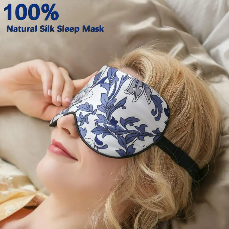 100% Pure Silk Sleep Eye Mask Floral Printed Silk Eye Cover Shade Super Smooth Blindfold Travel Relax Aid Adjustable Multicolor