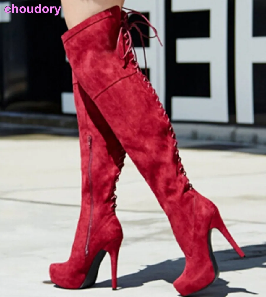 

2017 New Style Autumn Winter Women Boots High Heels Shoes Red Black Over The Knee Gladiator Thigh High Boots Stiletto HeelS