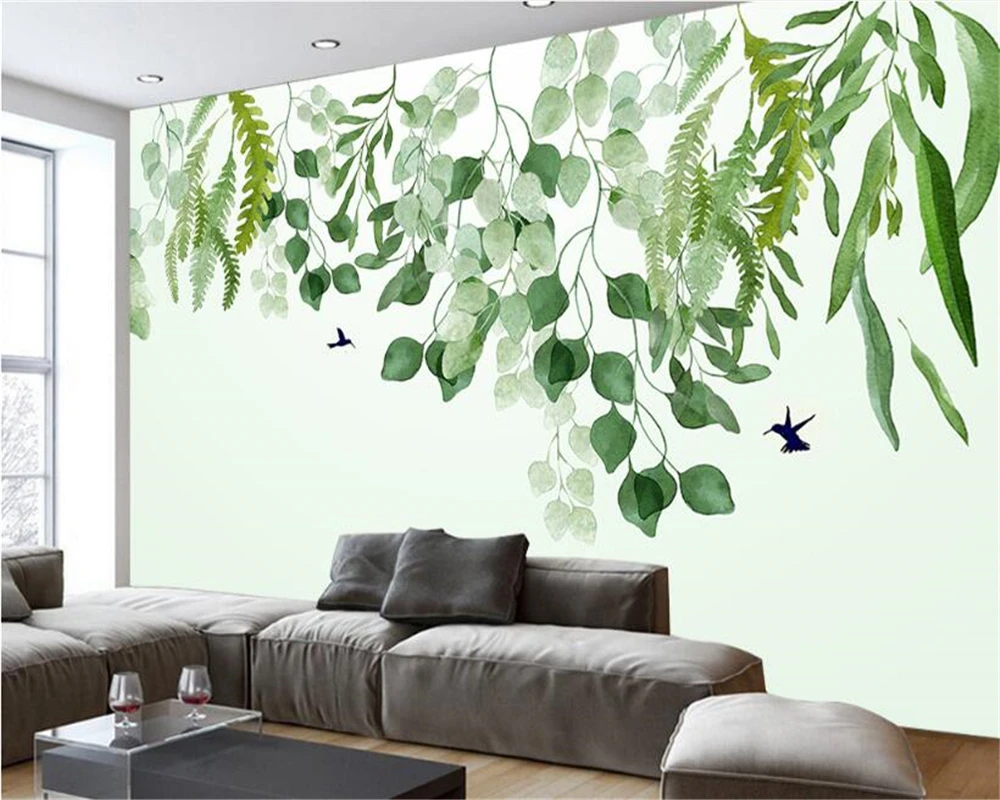 beibehang Modern Nordic wall paper Small fresh green watercolor leaves Hand painted HD background  papel de parede 3d wallpaper