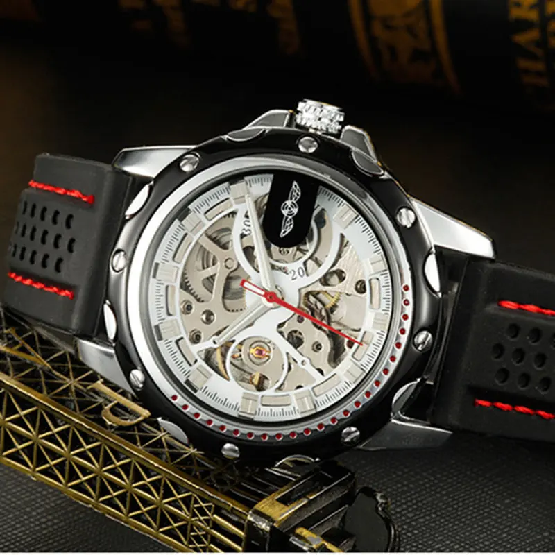 NEW WINNER Fashion Men\'s Silicone sports Watch Skeleton Hand-Winding Mechanical Wristwatch military clock Erkek Kol Saati