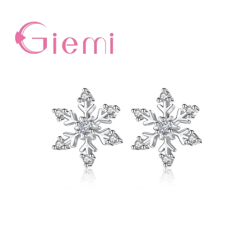 Lovely Christmas Gifts for Women Real 925 Stamped Snowflake Stud Earrings Micro Paved Crystals Sterling-Silver Jewelry