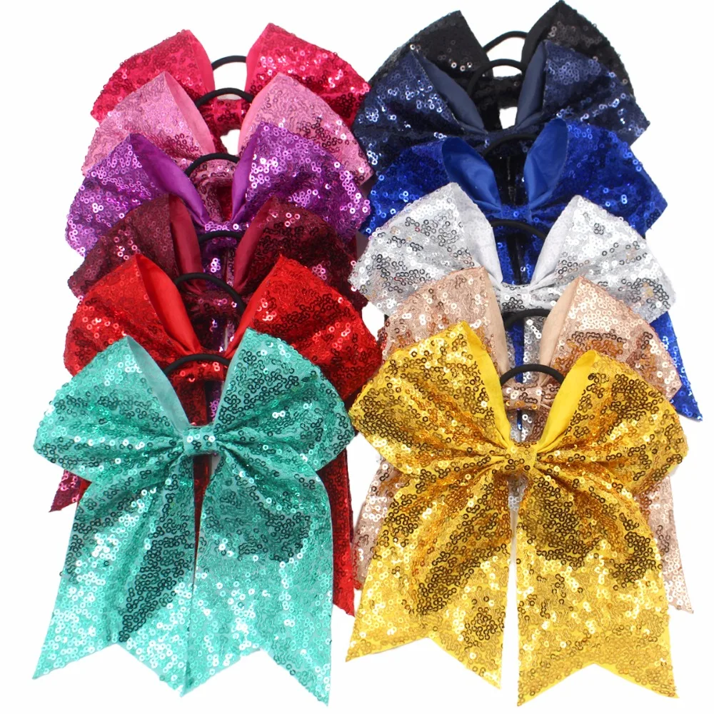 

12Pcs 7.5" Bling Sparkly Glitter Sequins Pigtail Bows for kid Girls Large cheerleading bows Ponytail Holder Elastic Hair Ties