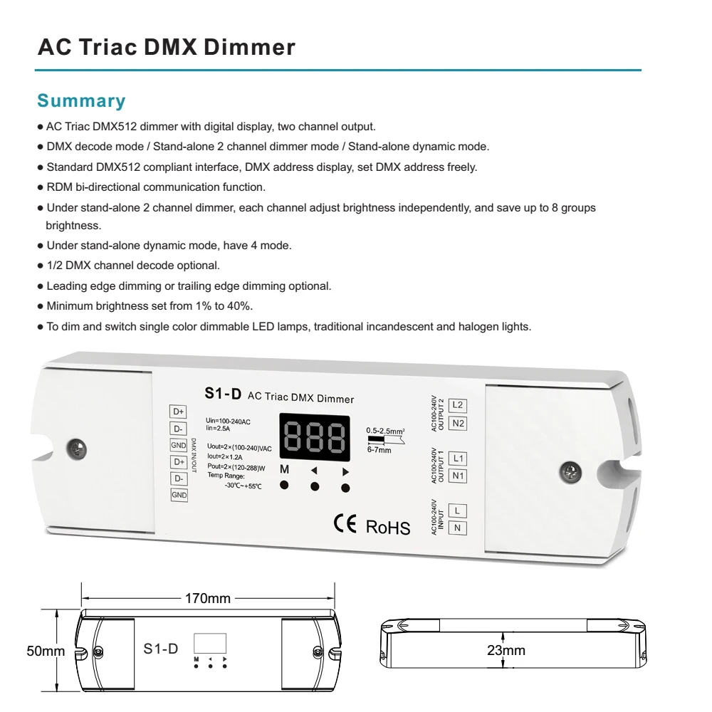 AC Triac LED Dimmer 220V 230V 110V 2 Channel DMX512 Controller 288W Dual Channel Dimmable LED Bulb DXM Triac Dimmer Switch S1-D