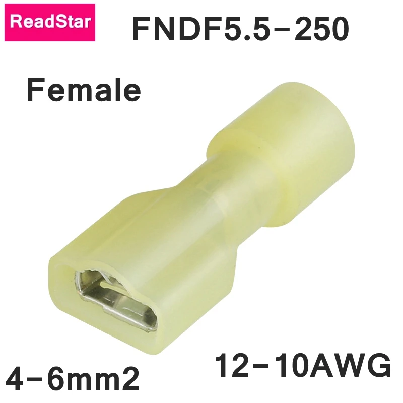 ReadStar 500PCS/LOT FDFN5.5-250 Nylon insulated connector Female 0.8x6.35 terminals yellow plug fit 4-6mm2 (12-10AWG) wires