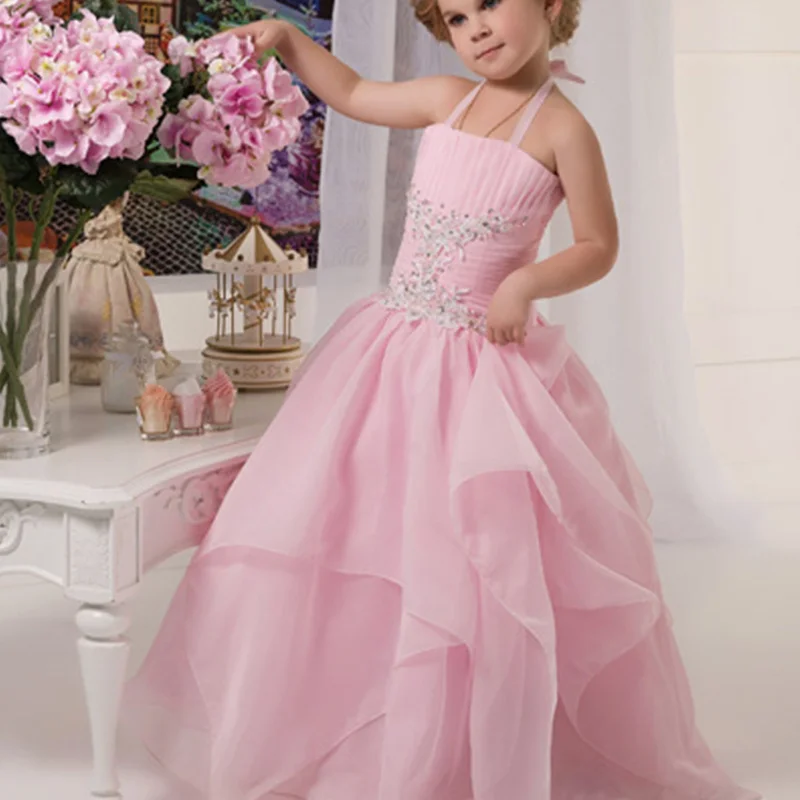 

Pink Flower Girl Dresses A-line Hanging neck Cascading Backless Crystal Beaded Fluffy Tulle Long Girls Get Together Pageant Dres