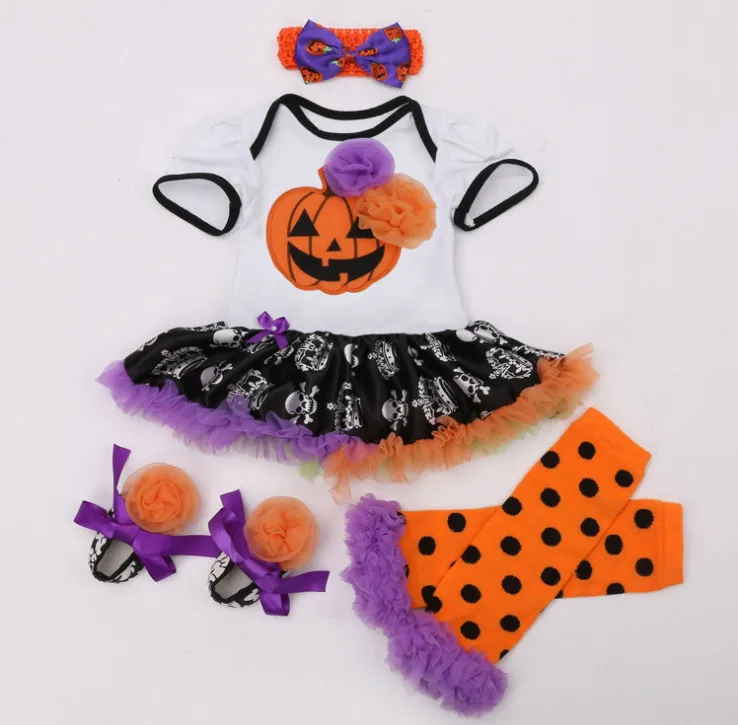 Halloween Baby Girl Party Outfits Cotton Rompers Top Ruffled Skull Dress+Leg Warmer+Flower Shoes+headband Newborn Sets Roupas