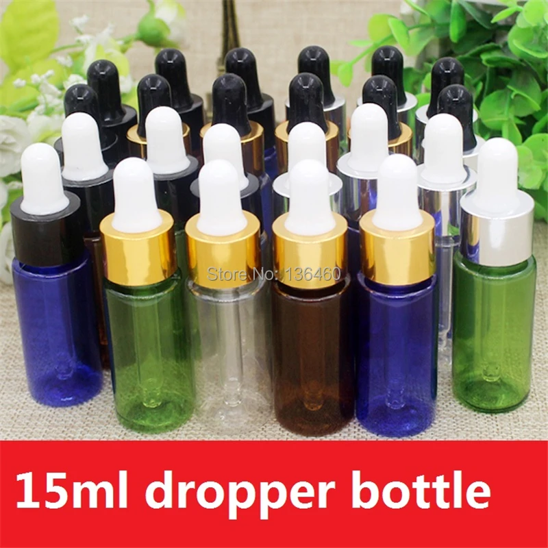 

100pcs essential oil bottles plastic parfume bottle refillable 15ml dropper bottle metal ring Latex Head bottle with dropper