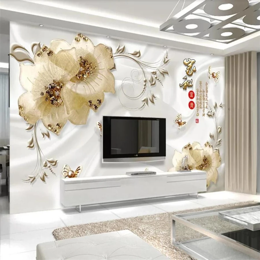 Custom wallpaper 3d photo mural luxury papel de parede home and 3D diamond flower jewellery TV background papier peint wallpaper
