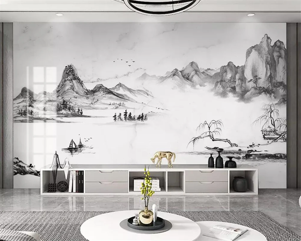 

Custom wallpaper modern minimalist ink landscape marble Chinese home decoration background wall 3d wallpaper murals