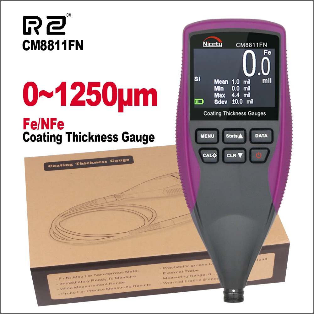 RZ Paint Thickness Meter RZ240 Digital LCD Coating Thickness Gauge Tester Metal Auto Measuring 0~1300um Width Measuring Tools