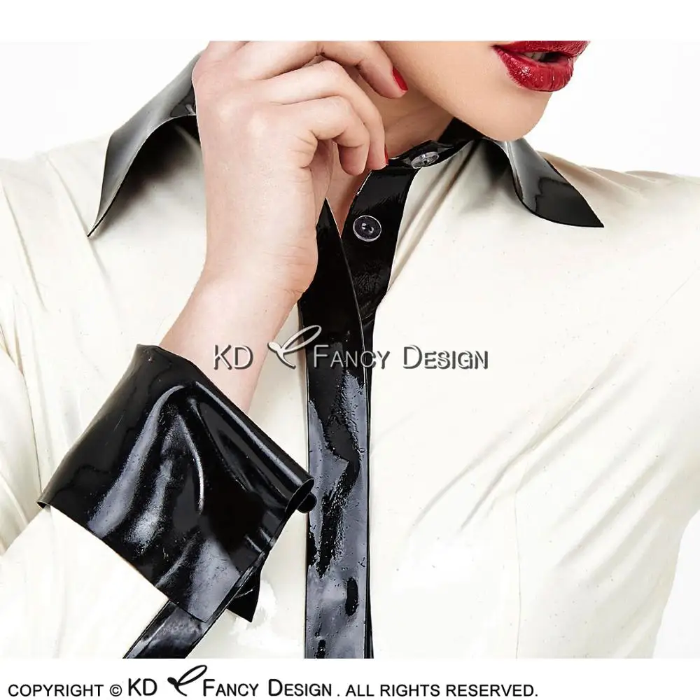 White And Black Sexy Latex Shirt With Buttons At Front Long Sleeves Turn Down Collar Rubber Blouse Top Clothing YF-0118