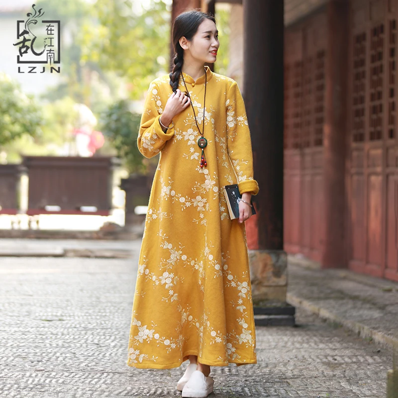 LZJN-Abito Cheongsam a Maniche Lunghe da Donna, Abito Ricamato, Qipao Cinese Floreale, Giallo, Autunno, Inverno,