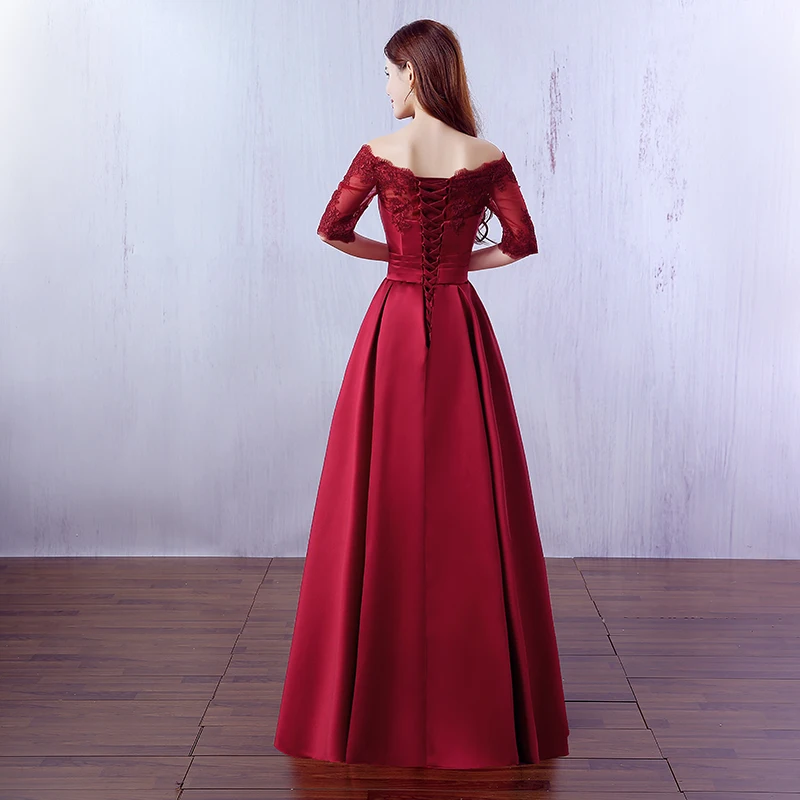 Robe De Soiree 2024 Wine Red Lace Embroidery Luxury Satin Half Sleeved Long Evening Dress Elegant Banquet Prom Dress