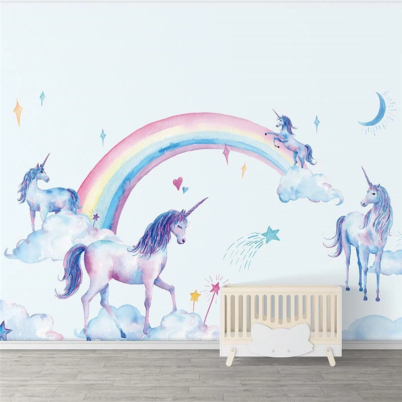 

wellyu Fresh watercolor hand-painted Tianma rainbow unicorn children's wall custom large mural wallpaper papel de parede