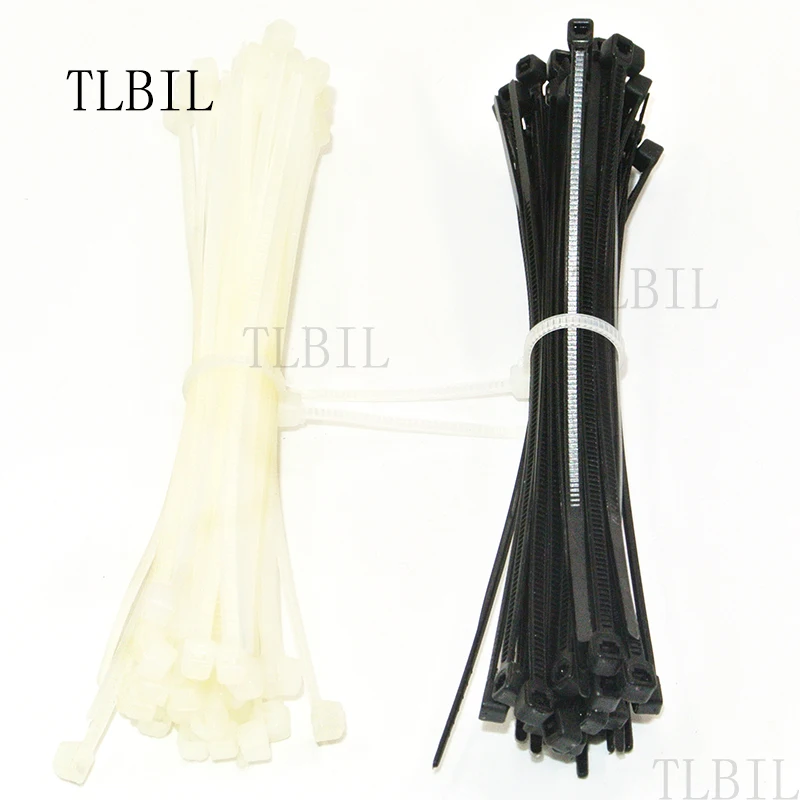 100Pcs 8 inch 2mm x 200mm White Black Self-Locking Plastic Cable Zip Ties Cable Loop Ties