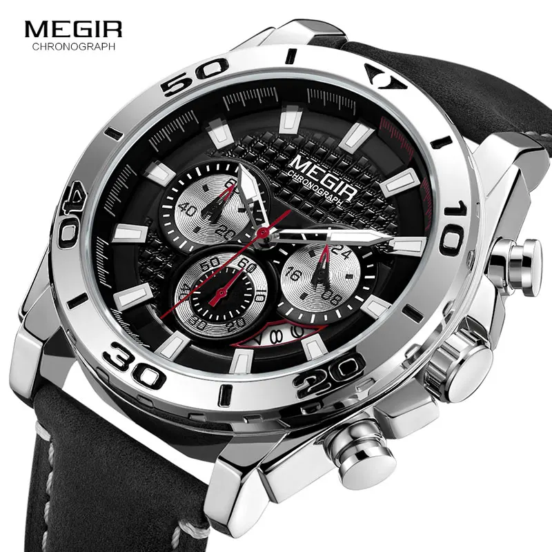 MEGIR Men\'s Army Sports Chronograph Quartz Watches Leather Strap Luminous Waterproof Wristwatch Man Relogios Clock 2094 Silver